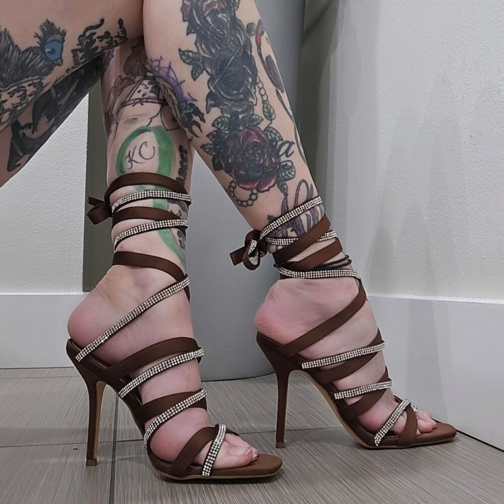 Liliana ✦ Brown Rhinestone Wrap Heels ✦ Suede Lace-Up Stiletto Sandals 7.5 NWT